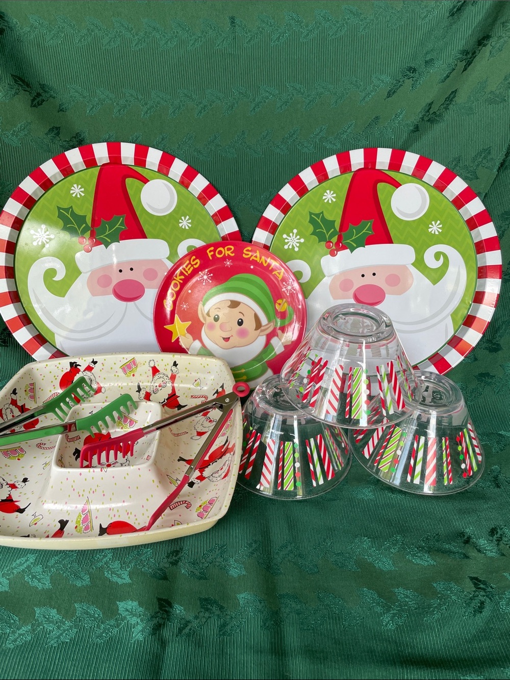 Holiday Santa & Elf Disposable Party Plates and Cups - Red & Green